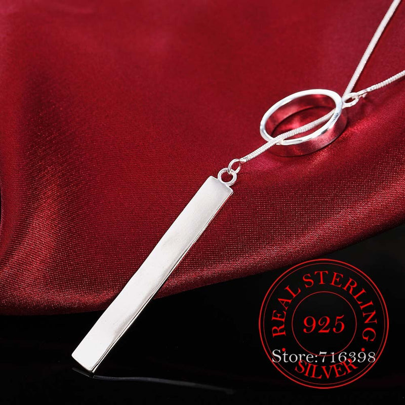 925 Sterling Silver Fine Jewelry Vintage Circle Strip Long Chain Pendant&Necklace Sterling-silver Bar Choker Necklace For Women