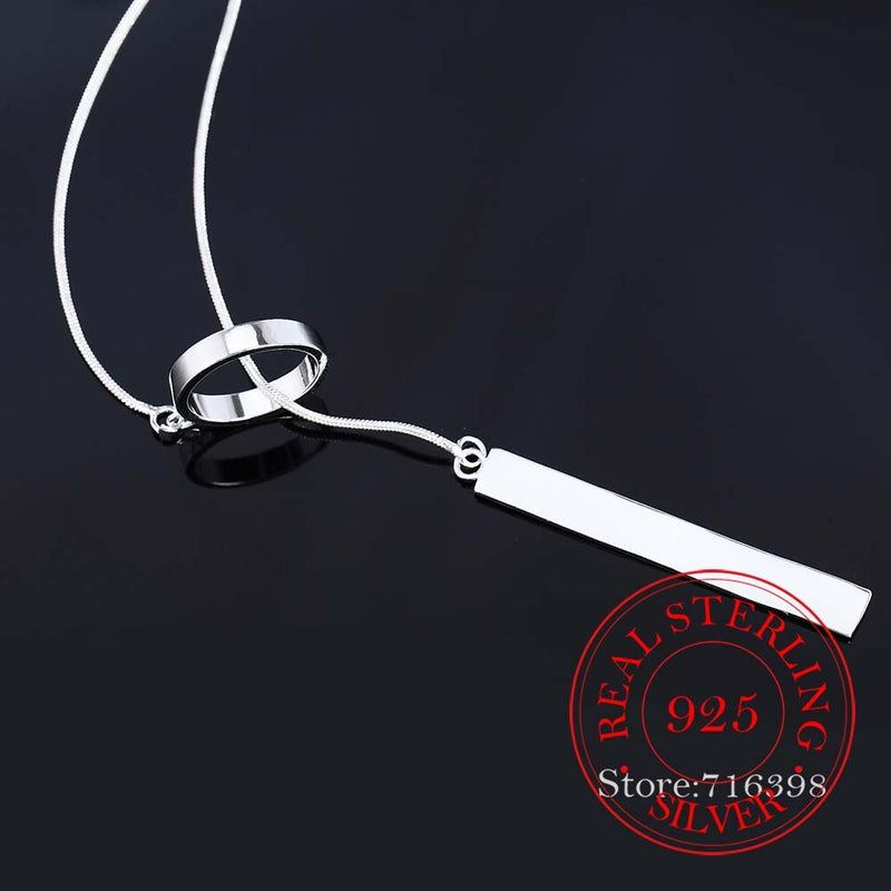 925 Sterling Silver Fine Jewelry Vintage Circle Strip Long Chain Pendant&Necklace Sterling-silver Bar Choker Necklace For Women