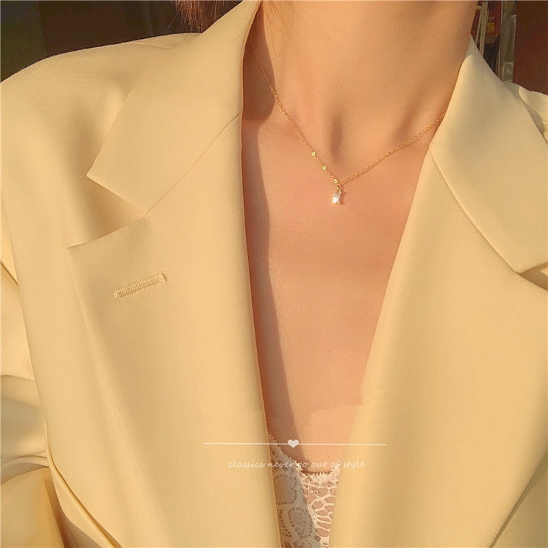 925 Sterling Silver French Small Square Diamond Pendant 14k Gold Necklace Women Simple Fashion Shiny Clavicle Chain Jewelry