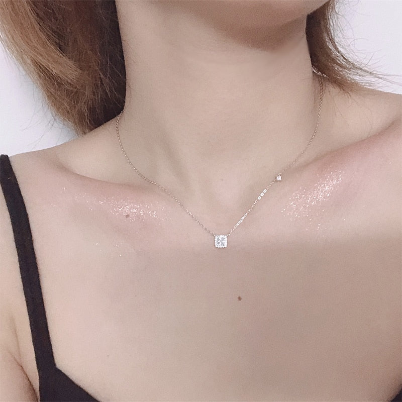 925 Sterling Silver Small Square Diamond Pendant Necklace Women Simple Fashion Shiny Clavicle Chain Wedding Jewelry Party Gift