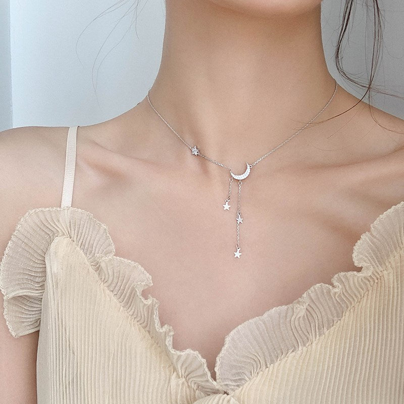 925 Sterling Silver Star Moon Simple Elegant Temperament Tassel  Necklaces For Women choker collares Wedding Jewelry Necklace