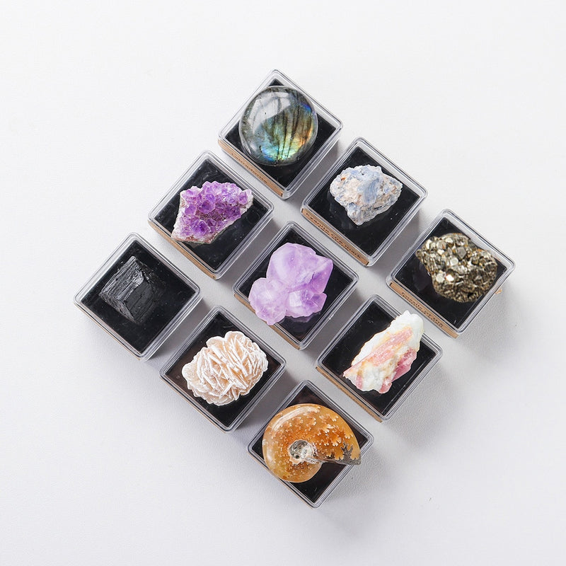 9PCS/SET Natural Crystal Rough Quartz Amethyst cluster Health energy stone mineral specimen collection gift box
