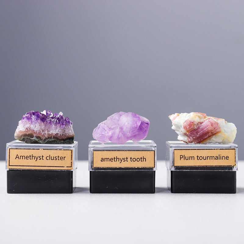 9PCS/SET Natural Crystal Rough Quartz Amethyst cluster Health energy stone mineral specimen collection gift box
