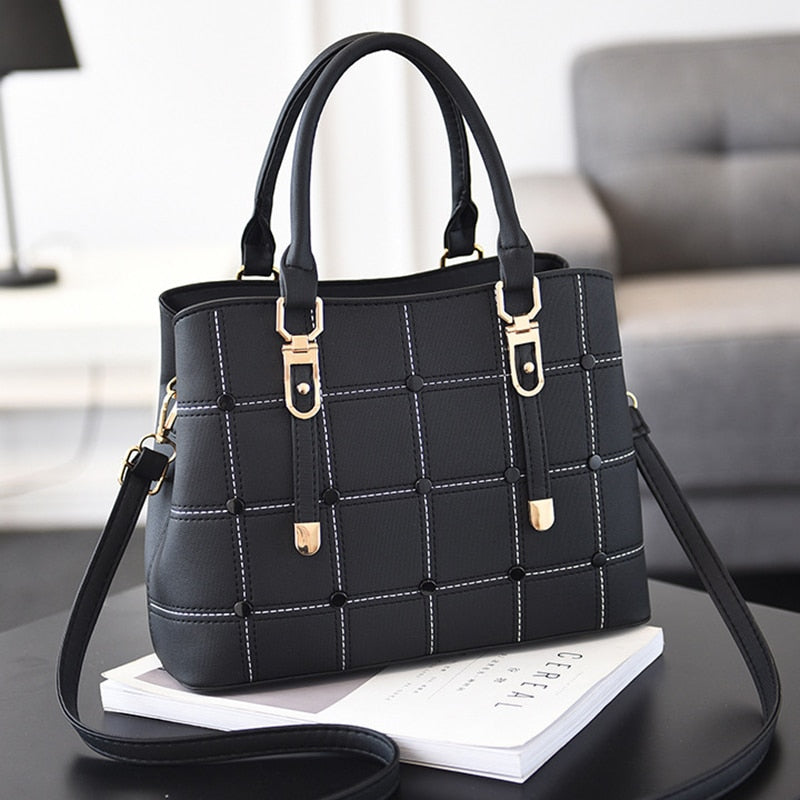 ACELURE Black PU Leather High Capacity Woman Handbags Grid Fashion Casual Luxury Designer Large Ladies Shoulder Crossbody Bag