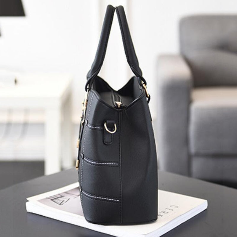 ACELURE Black PU Leather High Capacity Woman Handbags Grid Fashion Casual Luxury Designer Large Ladies Shoulder Crossbody Bag