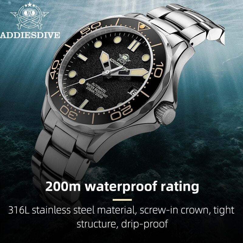 ADDIESDIVE Steel Diver Watch Men NH35 Automatic Mechanical SelfWinding Wristwatch Sapphire Crystal Luminous Dial 200M Waterproof