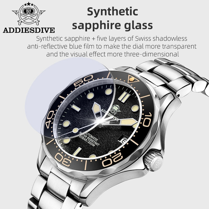 ADDIESDIVE Steel Diver Watch Men NH35 Automatic Mechanical SelfWinding Wristwatch Sapphire Crystal Luminous Dial 200M Waterproof