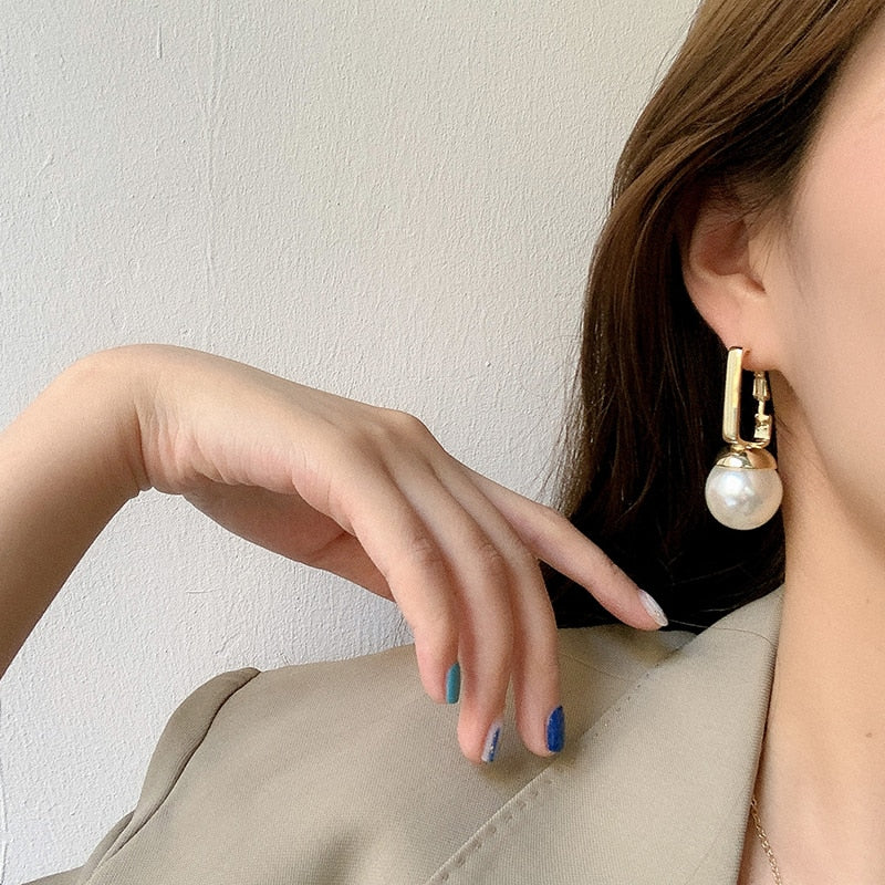 AENSOA Korean Japanese High Class Pearl Drop Earrings Metal Geometric Copper Alloy Korea Design Pearl Earrings for Women Girl