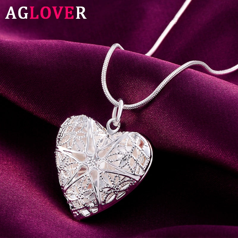 AGLOVER 925 Sterling Silver 18 Inch Fine Heart Photo Frame Pendant Necklace For Woman Fashion Statement Necklace Jewelry Gift