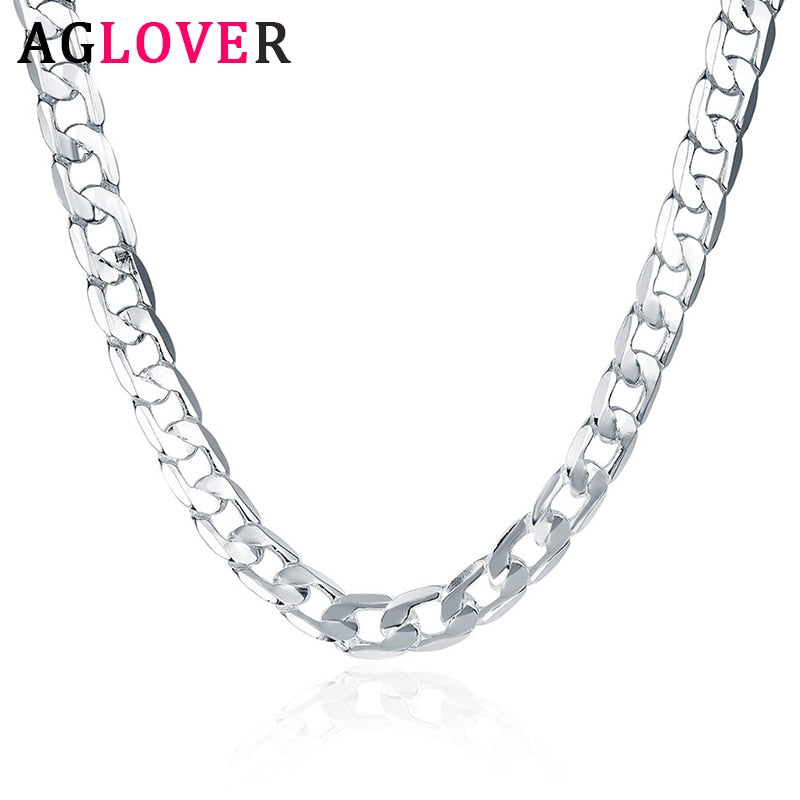 AGLOVER New 925 Sterling Silver 16/18/20/22/24 Inch 8MM Side Chain Necklace For Woman Man Fashion Charm Jewelry Gift