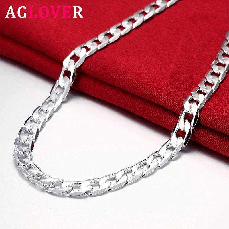AGLOVER New 925 Sterling Silver 16/18/20/22/24 Inch 8MM Side Chain Necklace For Woman Man Fashion Charm Jewelry Gift