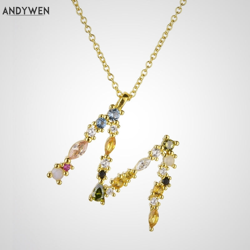 ANDYWEN 925 Sterling Silver Gold Leter M Pendant Initial F Alphabet Necklace Monogram Opals 2020 Women Accessories Jewelry