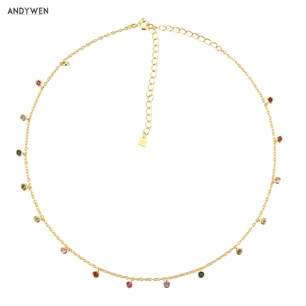 ANDYWEN 925 Sterling Silver Gold Rainbow Zircon Charm Choker Chain Necklace Rock Punk Party New Beads Pendant 2020 Fine Jewelry
