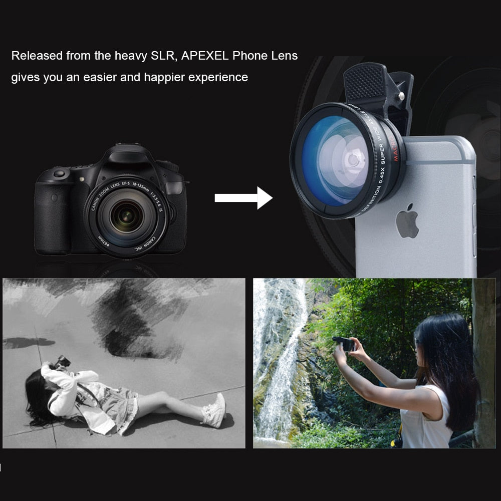 APEXEL 2in1 Lens 0.45X Wide Angle+12.5X Macro Lens Professional HD Phone Camera Lens For iPhone 8 7 6S Plus Xiaomi Samsung LG