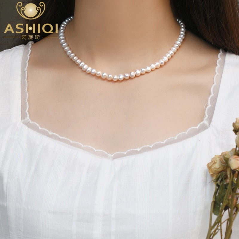 ASHIQI 6-7mm Natural freshwater pearl Chokers necklace 925 sterling silver jewelry for women gift 2020 trend new fashion