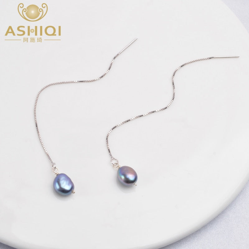 ASHIQI 925 Sterling Silver Long Chain Earring Pendants For Women Natural Freshwater Pearl  Jewelry Gifts for The New Year