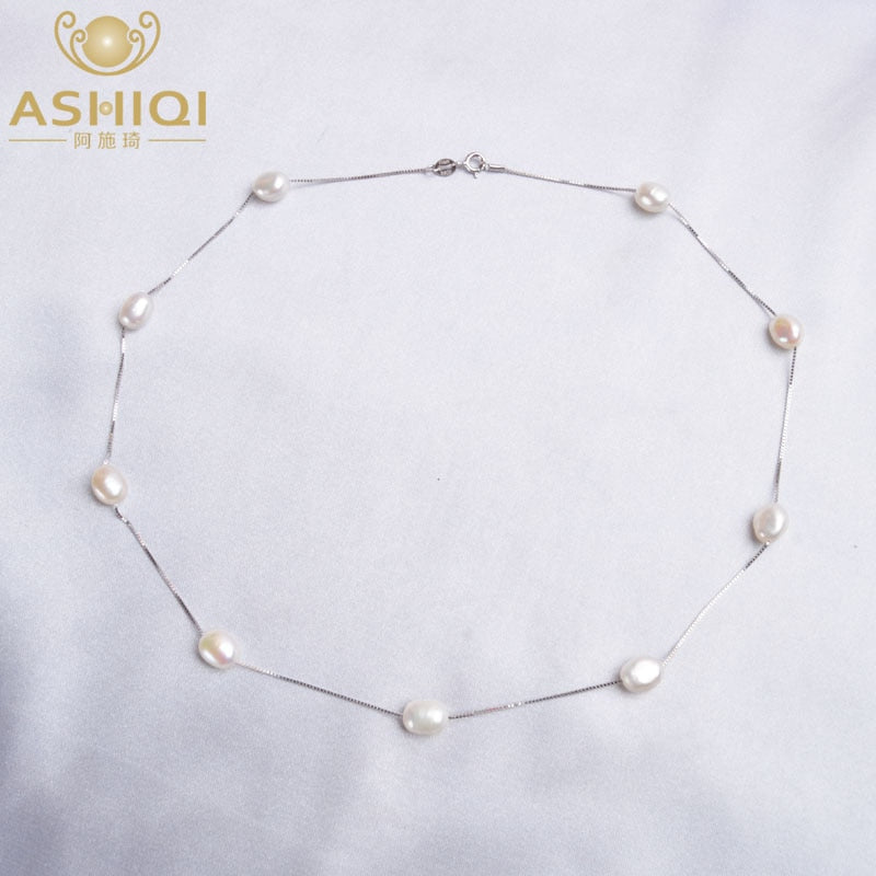 ASHIQI Baroque Natural Pearl Necklace For Women with 925 Sterling Silver Chain 6-7mm Freshwater Pearl Fashion Jewelry