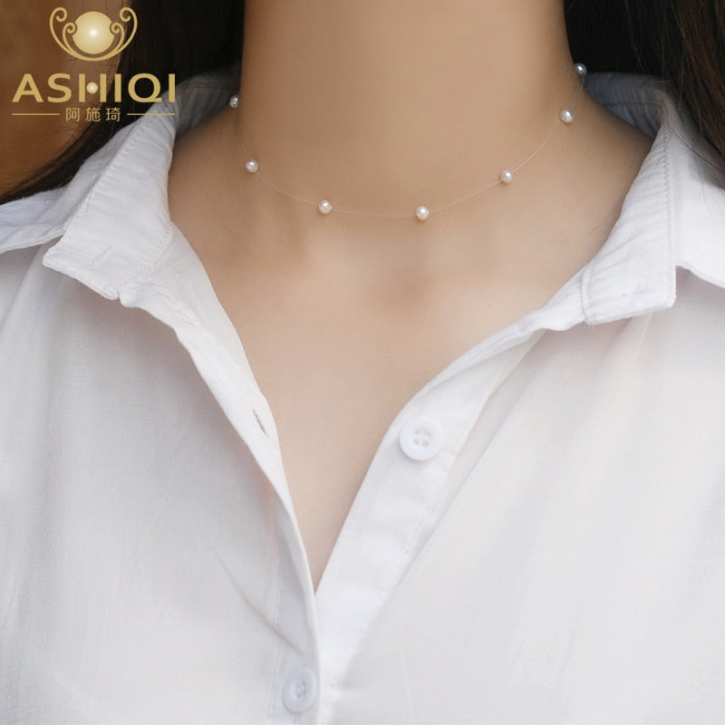 ASHIQI Natural Freshwater Pearl 925 Silver Choker Necklace For Fashion Women Minimalist Fine Jewelry Cute Accessories gift