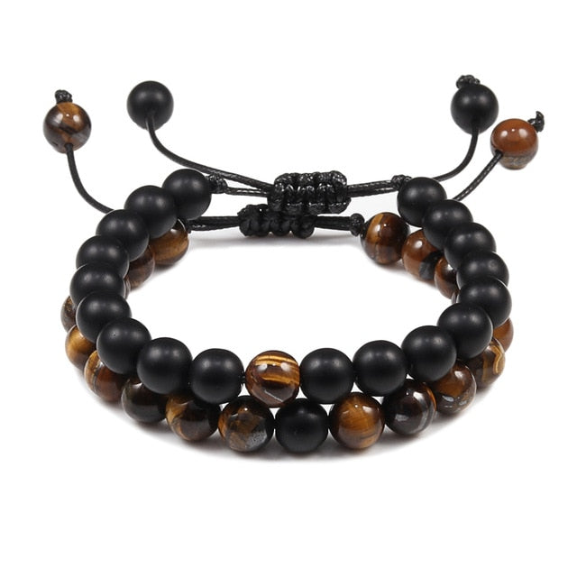 Adjustable 2pcs /set Beads Bracelet Bangles Natural Tiger Eye Stone Bracelets Men Female Jewelry Distance Bracelet Ying Yang Gif
