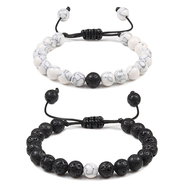 Adjustable Couples Distance Beaded Bracelets Natural Stone Lava Matte White Black Braided Bracelet for Men Women Gifts Pulseiras