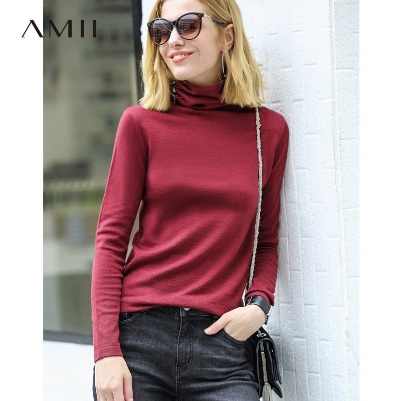 Amii Spring Winter Women's turtleneck Sweater Causal Solid  Slim Fit Wool Pullover Fashion Women's Sweater Tops 11820098