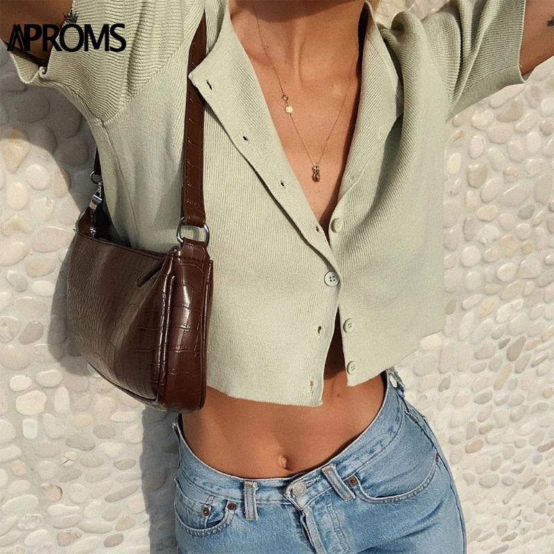Aproms Candy Color Ribbed Knitted Cardigan Women Autumn Winter Long Sleeve Basic Cropped Sweaters Female Casual Short Jumper Top