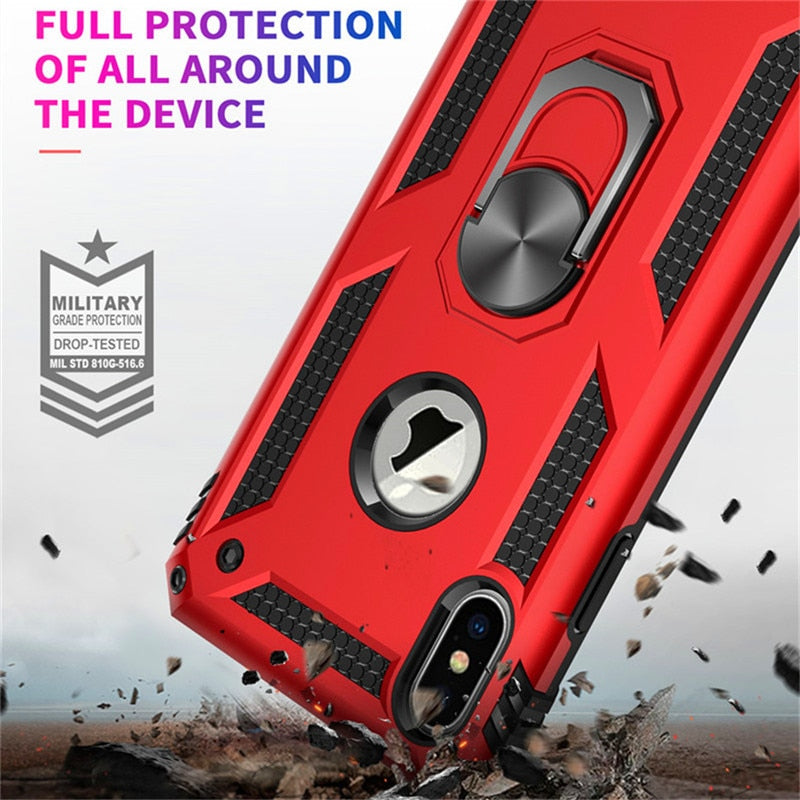 Armor bumper shockproof phone case For iPhone 12 11 Pro XS Max mini XR X 6 6S 7 8 Plus Military Finger Ring Kickstand Back Cover
