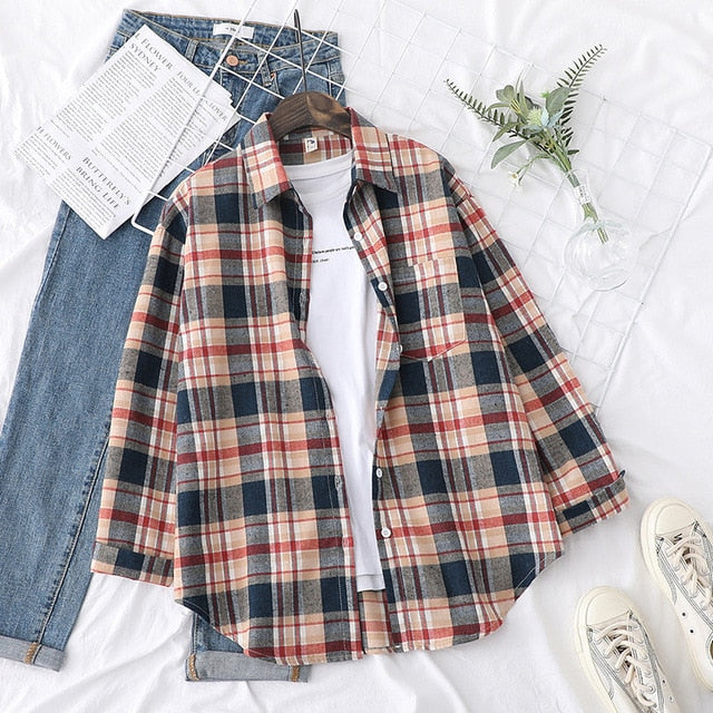 Autumn Plaid Shirts Womens Blouses And Tops Long Sleeve Loose Checked Female Clothes Outwear Winter