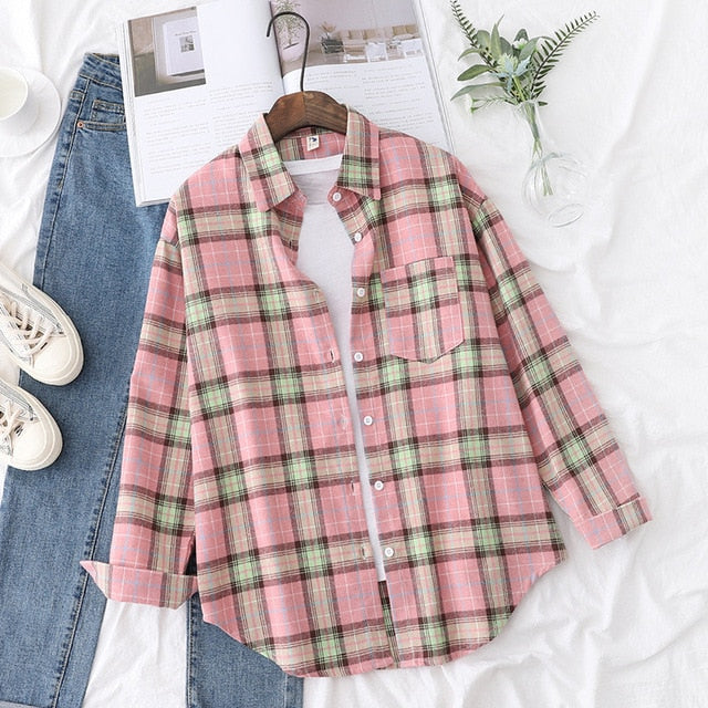 Autumn Plaid Shirts Womens Blouses And Tops Long Sleeve Loose Checked Female Clothes Outwear Winter