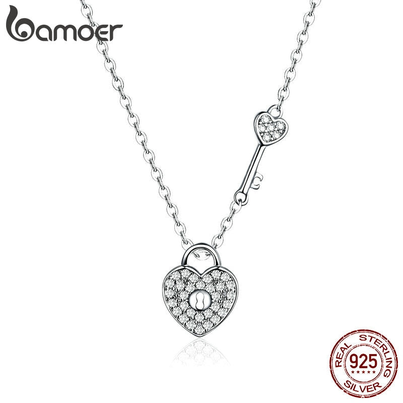 BAMOER Pure 925 Sterling Silver Clear CZ Heart Lock and Key Link Chain Choker Necklace for Women Luxury Statement Jewelry SCN315