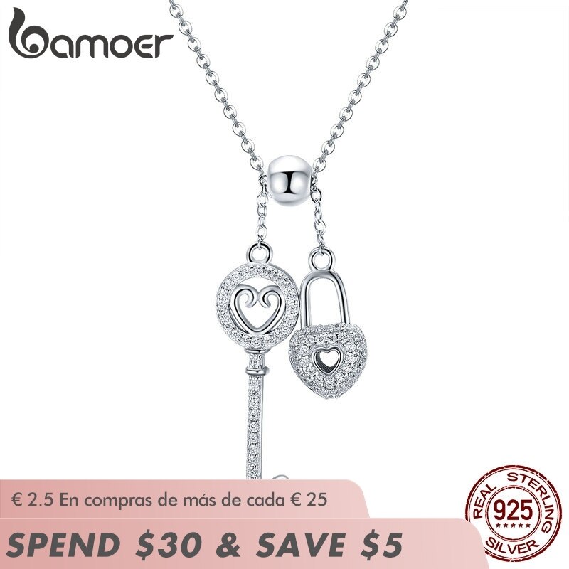 BAMOER Romantic 925 Sterling Silver Key of Heart Lock Chain Pendant Necklaces for Women Sterling Silver Jewelry Collar SCN290