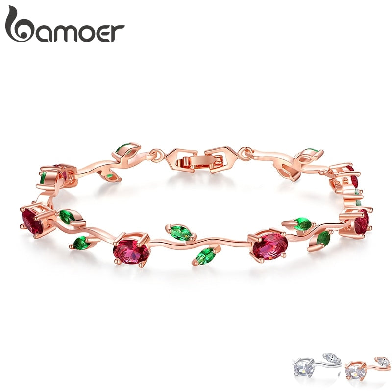 BAMOER  Rose Gold Color Leaf Chain & Link Bracelet with Red + Green AAA Zircon for Mother Gifts Jewelry JIB072