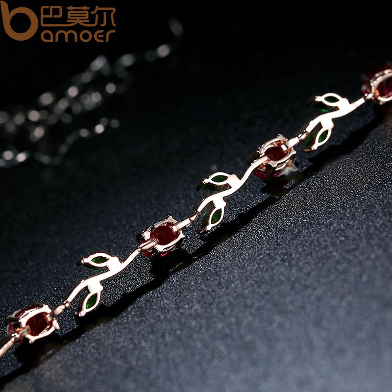 BAMOER  Rose Gold Color Leaf Chain & Link Bracelet with Red + Green AAA Zircon for Mother Gifts Jewelry JIB072