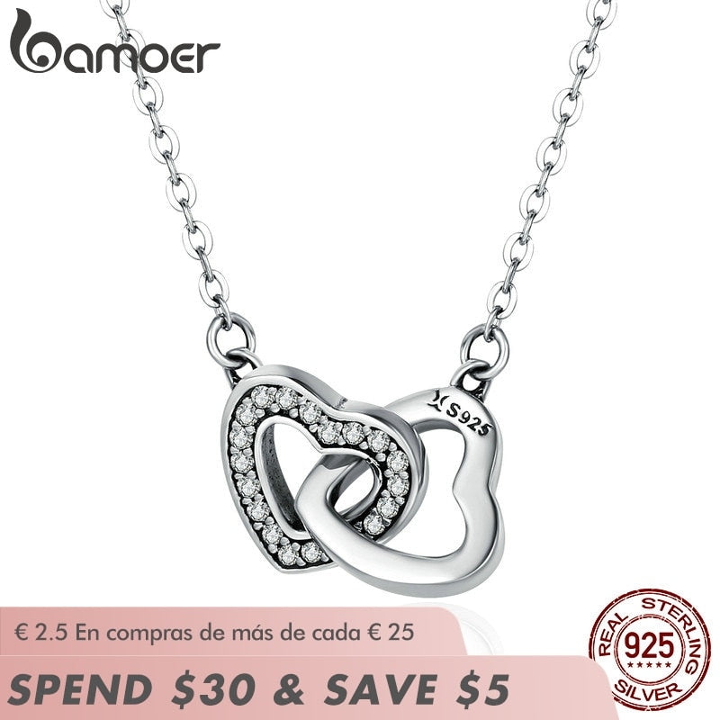 BAMOER Valentine Day Gift 925 Sterling Silver Connected Heart Couple Heart Pendant Necklace for Girlfriend Silver Jewelry SCN181