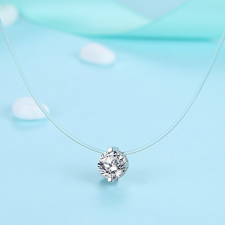 BELAWANG 925 Sterling Silver Water Droplet Zircon Pendant Necklace Invisible Transparent Fishing Line Necklace Women Jewelry