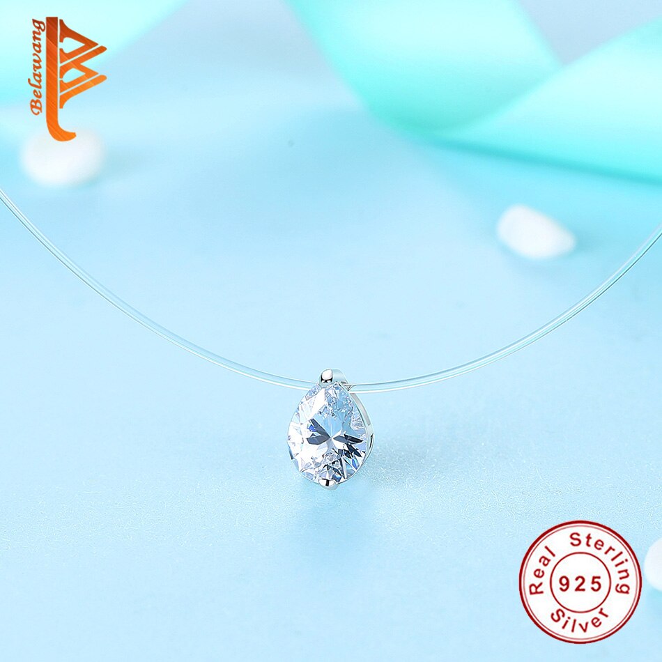 BELAWANG 925 Sterling Silver Water Droplet Zircon Pendant Necklace Invisible Transparent Fishing Line Necklace Women Jewelry