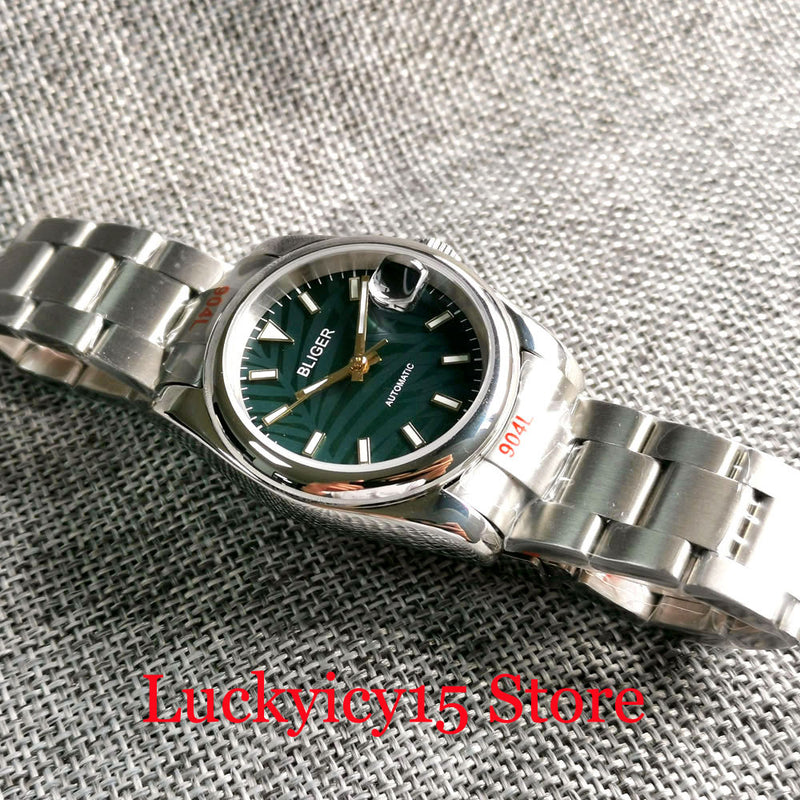 BLIGER 36mm/39mm Green Palm NH35A Automatic Polish Case Men Watch Oyster Band Glide Lock Sapphire Ccrystal Brushed