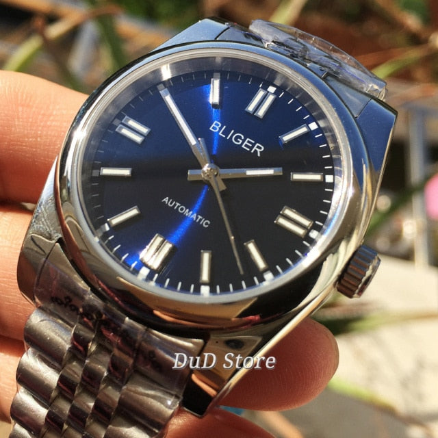 BLIGER 36mm/39mm Sapphire Automatic Men's Watch NH35/Miyota8215 Luminous Sterile Blue Dial Steel Strip Mechanical Watch