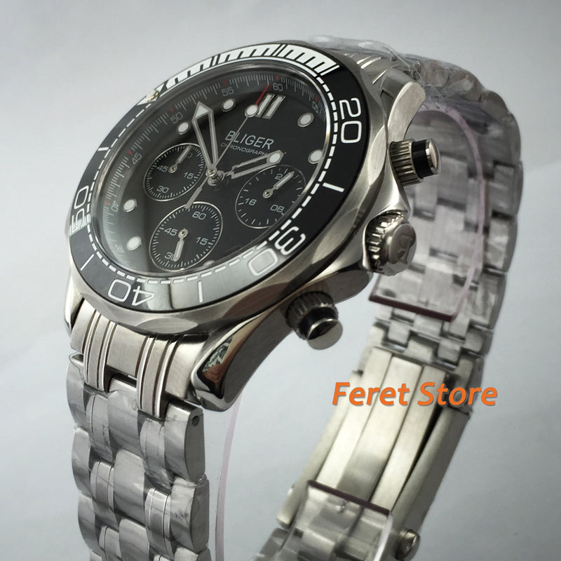 BLIGER 41mm Sports Watch stainless strap black dial Ceramic Bezel Sapphire Glass Chronograph Date Function  Quartz Men's Watch