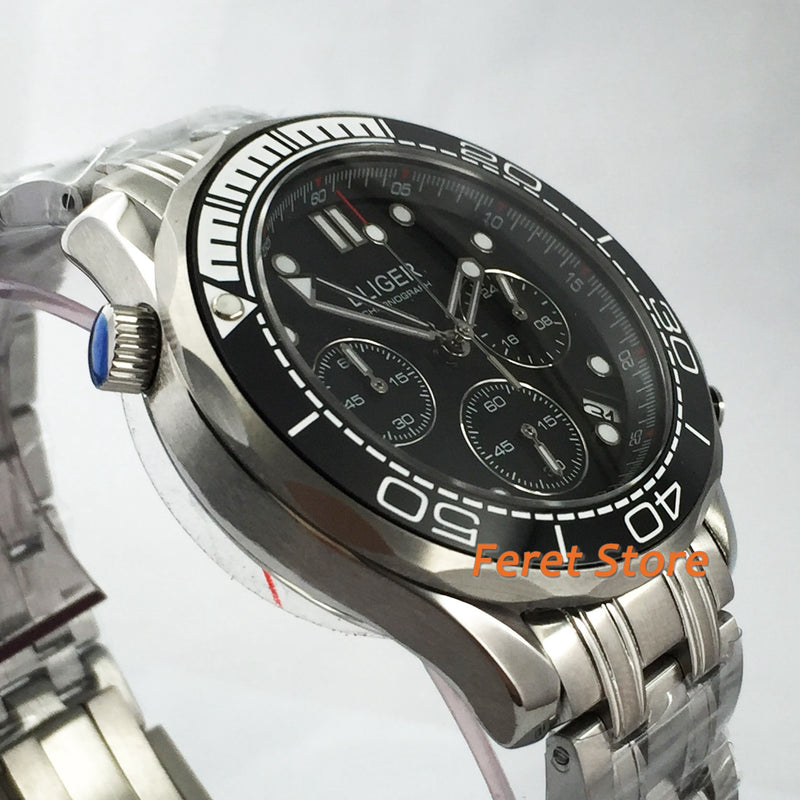 BLIGER 41mm Sports Watch stainless strap black dial Ceramic Bezel Sapphire Glass Chronograph Date Function  Quartz Men's Watch