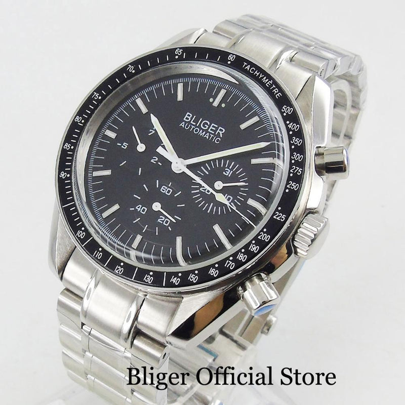 BLIGER Automatic Men's Watch Black Dial Metal Strap Weekday Date Indicator 40mm Watch Case Popular Wristwatch