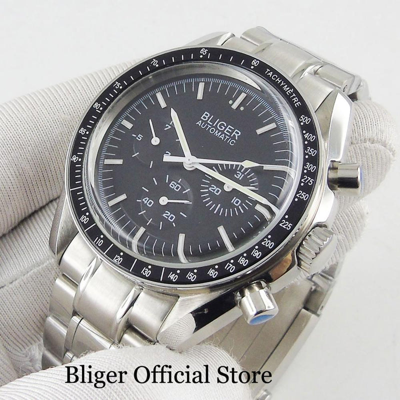 BLIGER Automatic Men's Watch Black Dial Metal Strap Weekday Date Indicator 40mm Watch Case Popular Wristwatch