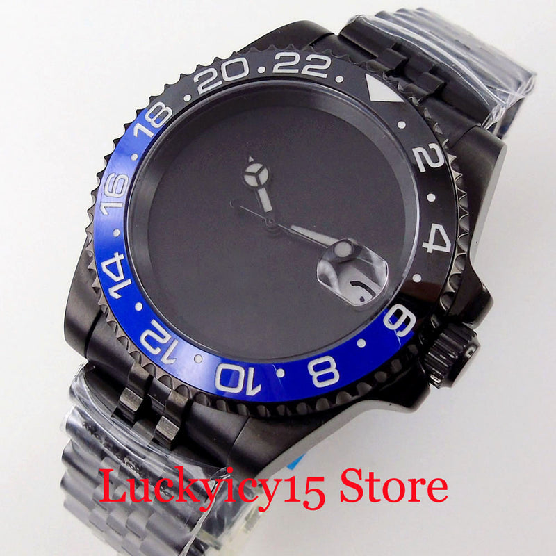 BLIGER NH35A PT5000 Black PVD 40mm Sterile Non-Index Automatic Men Watch Jubilee Band Black&Blue Insert 100M Waterproof