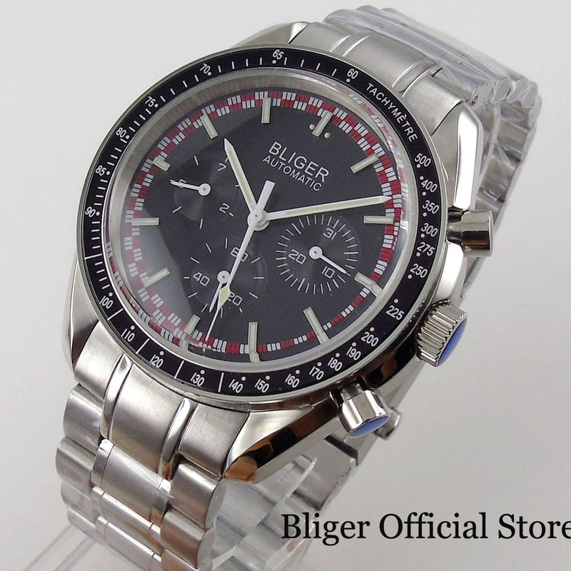 BLIGER New 40mm Automatic Men Watch Business Steel Bracelet Date Weekday Display Mineral Glass