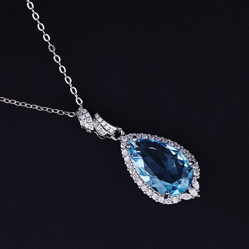 Bague Ringen Luxury Silver 925 Jewelry Charms Necklace for Women Water Drop Shaped Pendant Chain Aquamarine Zircon Wholesale