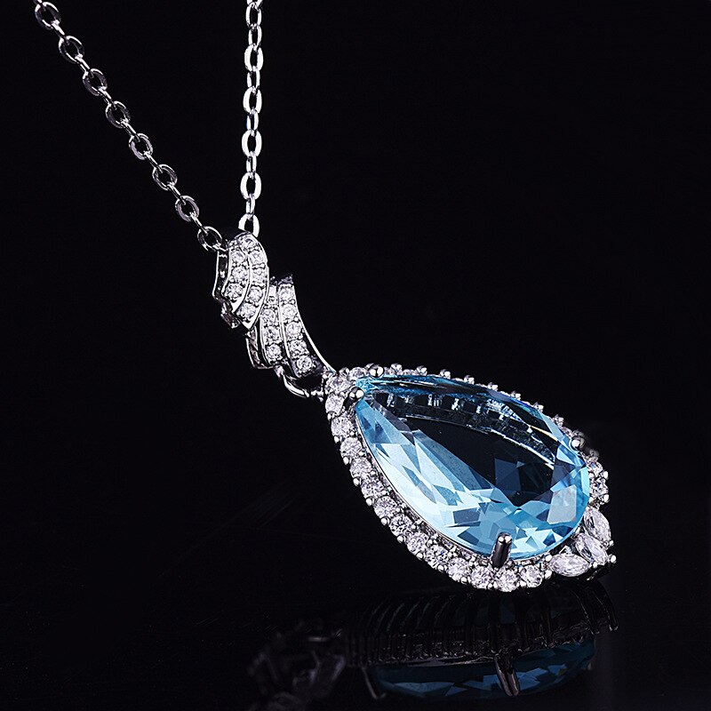 Bague Ringen Luxury Silver 925 Jewelry Charms Necklace for Women Water Drop Shaped Pendant Chain Aquamarine Zircon Wholesale