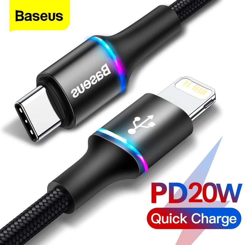 Baseus 20W PD Fast Charging Cable for iPhone 12 11 Pro Xs Max X 8 6 USB Type C to Lighting Cable for iPad Data Cord Charger Wire