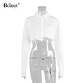 Bclout Casual Crop Top Women Blouses Fashion Turn Down Collar White Shirt Flare Sleeve Blouse Female Autumn Sexy Ladies Tops