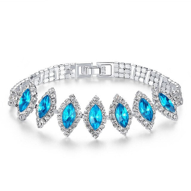Beiver Acid Blue Crystal Charm Tennis Bracelet in Rhodium Plated Micro Pave AAA Cubic Zirconia Stone Jewelry