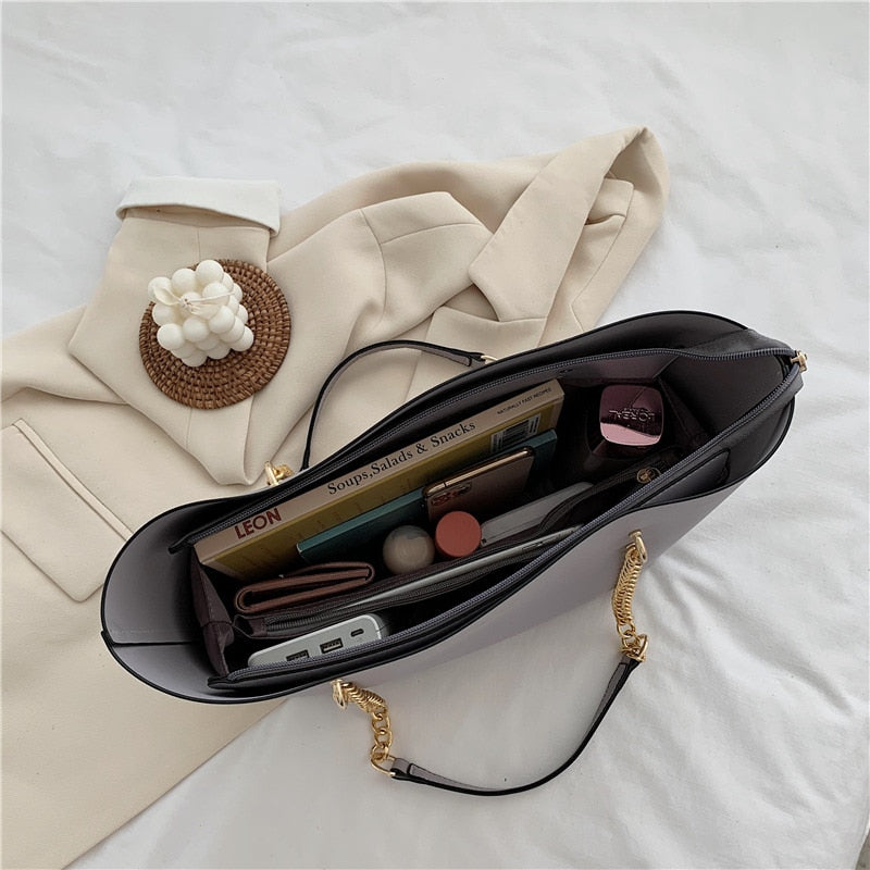 Big Bag Women Handbags Luxury Designer Leather Shopper Bags Black Simple Shoulder Bags Large Capacity Chain Tote Shopping Bags